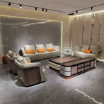 Dove Gray Leather Sofa Set with Piped Edge Craftsmanship, Diamond Quilted Accents & Natural Wood Veneer